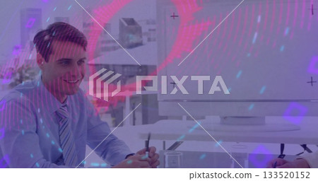 Writing man holding pen at desk in meeting room, wearing tie, with holographic overlay, copy space Writing man holding pen at desk in meeting room, wearing tie, with holographic overlay, copy space 133520152