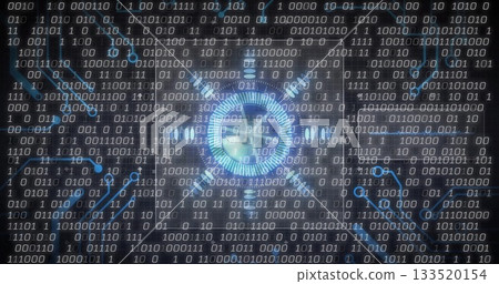 Pulsing circular hub emitting blue light over binary grid, with radial data bars, traces Pulsing circular hub emitting blue light over binary grid, with radial data bars, traces 133520154