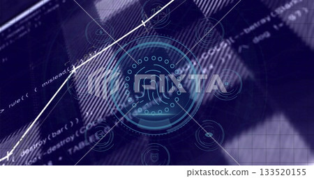 Displaying fingerprint icon scanning on interface, with HUD, grid, graph, code and hovering icons Displaying fingerprint icon scanning on interface, with HUD, grid, graph, code and hovering icons 133520155