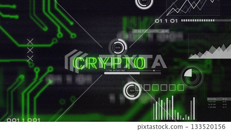 Displaying digital dashboard showing glowing neon green CRYPTO text, with HUD timers and bar graphs Displaying digital dashboard showing glowing neon green CRYPTO text, with HUD timers and bar graphs 133520156