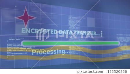 Showing encrypted data transfer on terminal, with green progress bar and yellow processing lines Showing encrypted data transfer on terminal, with green progress bar and yellow processing lines 133520236