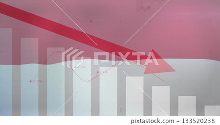 Displaying vertical bars and red arrow in infographic, with pink line, labels, grid and hexagons Displaying vertical bars and red arrow in infographic, with pink line, labels, grid and hexagons 133520238