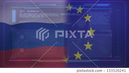Displaying scanning interface over split Russia and EU flags, showing scanning code and world map 133520241