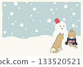 A Shiba Inu and a snowman watching over children playing in the snow - Retro vector illustration 133520521