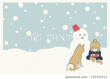 A Shiba Inu and a snowman watching over children playing in the snow - Retro vector illustration 133520521