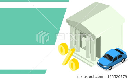 Isometric bank advertising banner for car loans and leasing. Cartoon 3D vector concept on white green background 133520779