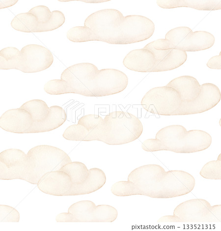 Soft Beige Clouds watercolor seamless pattern isolated. Gentle cloud repeat in warm beige tones. Design for baby textile, nursery wallpaper and bedding. Delicate neutral background with clouds. Soft Beige Clouds watercolor seamless pattern isolated. Gentle cloud repeat in warm beige tones. Design for baby textile, nursery wallpaper and bedding. Delicate neutral background with clouds. 133521315