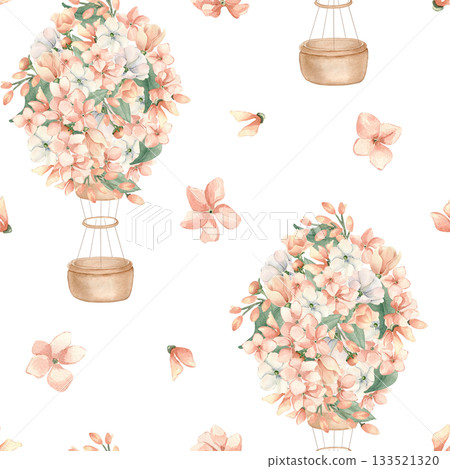 Peach Floral Balloon watercolor seamless pattern isolated. Hand painted air ship with little pink flowers in soft pastel. Repeat background for baby nursery wallpaper, textile. Sweet baby pattern. Peach Floral Balloon watercolor seamless pattern isolated. Hand painted air ship with little pink flowers in soft pastel. Repeat background for baby nursery wallpaper, textile. Sweet baby pattern. 133521320