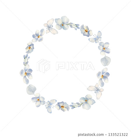 Delicate Light Blue Floral Wreath watercolor isolated. Round frame of hand painted blue flowers, buds, leaves. Baby shower greeting cards with tiny blooms. Pastel floral wreath drawing for scrapbook. Delicate Light Blue Floral Wreath watercolor isolated. Round frame of hand painted blue flowers, buds, leaves. Baby shower greeting cards with tiny blooms. Pastel floral wreath drawing for scrapbook. 133521322