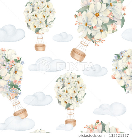 Baby Clouds and Balloons seamless pattern isolated. Floral Airships on Sky watercolor background hand drawn. Flying balloons with blossoms on soft blue. Gentle baby design in pastel watercolor palette 133521327