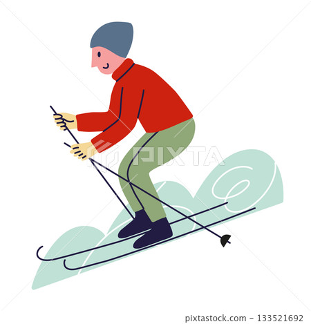 Vector illustration with flat cartoon man skiing downhill in winter clothes, snowy landscape, Christmas colors, dynamic outdoor activity theme for seasonal sports projects and holiday visuals 133521692