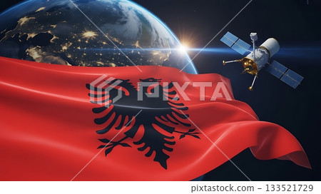 Albania flag earth and satellite in space global connection Albania flag earth and satellite in space global connection 133521729