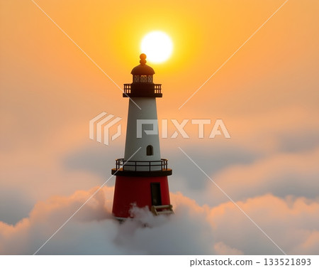 Lighthouse piercing orange sky with sun surrounded by clouds 133521893