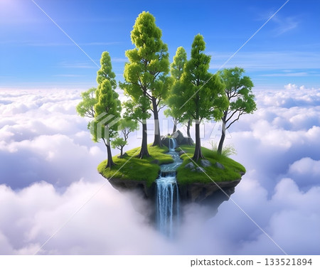 Floating Island Oasis: Waterfall, Greenery, and Tranquil Cloudscape Floating Island Oasis: Waterfall, Greenery, and Tranquil Cloudscape 133521894