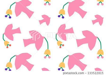Vector illustration, flat cartoon seamless pattern of doves holding berry branches, naive kids style, cute bird design for childrens textiles, wrapping, nursery decor, minimalist peaceful spring vibe 133522815