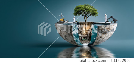 Sustainable concept island tree wind turbine construction worker excavator industrial shaft water reflection soil cross section Sustainable concept island tree wind turbine construction worker excavator industrial shaft water reflection soil cross section 133522903
