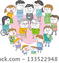 Connecting Community-Based Nursing and Welfare — Illustration of Elderly People and Diverse People Surrounded by Hearts 133522948