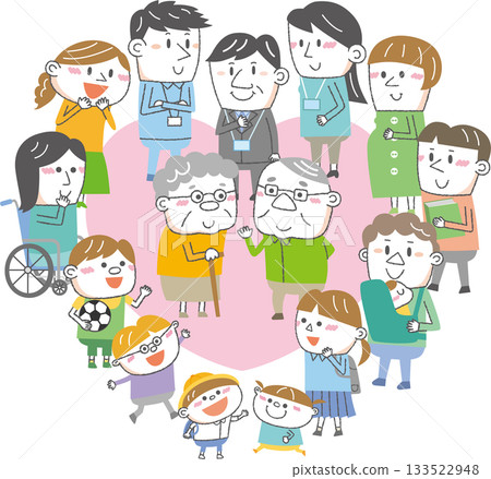 連結社區照護與福利—老年人和不同背景的人們被愛心包圍的插圖 133522948