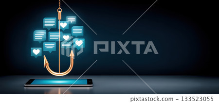 Phishing concept smartphone hook social message notification heart like cybercrime scam bait security awareness 133523055