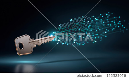Phishing concept digital key cybersecurity encryption data protection binary code circuit board glowing teal futuristic security 133523056