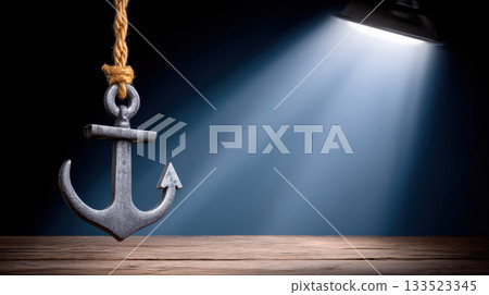 Anchor concept hanging under spotlight on wooden table symbolizing phishing concept alert and security awareness 133523345