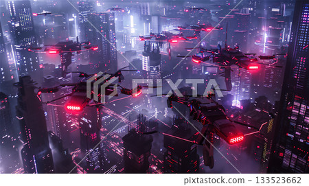 Drones flying in the sky of a futuristic city 133523662
