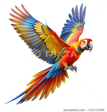 A vibrant Scarlet Macaw parrot with wings spread wide in flight against a clean white background A vibrant Scarlet Macaw parrot with wings spread wide in flight against a clean white background 133523994