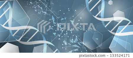 Abstract medical or science hexagons background, DNA strands, connected neural web Abstract medical or science hexagons background, DNA strands, connected neural web 133524171