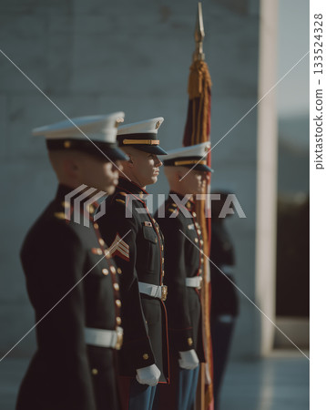 United states marines honor guard standing at attention in formal dress blues uniform during a solemn military ceremony, reflecting patriotism and respect 133524328