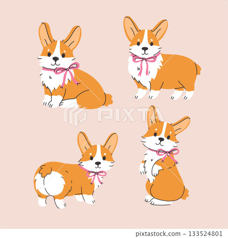 A set of cute corgi dogs with bows on their necks. Vector graphics. A set of cute corgi dogs with bows on their necks. Vector graphics. 133524801