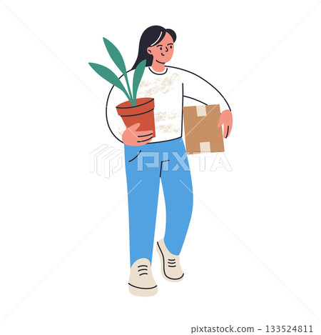 Vector illustration with flat cartoon woman carrying cardboard box and potted plant, moving home or office theme, relocation moment, fresh start, lifestyle change visuals for housing projects Vector illustration with flat cartoon woman carrying cardboard box and potted plant, moving home or office theme, relocation moment, fresh start, lifestyle change visuals for housing projects 133524811