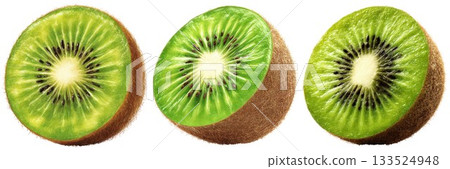 Three freshly cut ripe kiwifruit halves displaying vibrant green flesh and black seeds isolated on white background 133524948