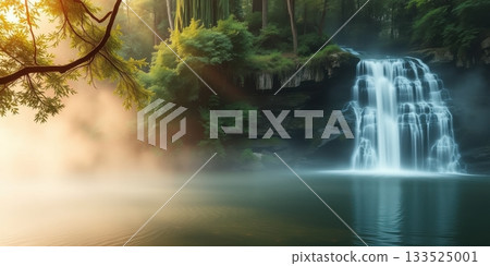 Enchanting waterfall scenery with mystic fog creating a serene and peaceful landscape Enchanting waterfall scenery with mystic fog creating a serene and peaceful landscape 133525001
