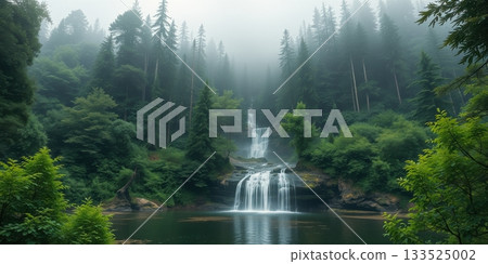 Misty Forest Waterfall: Serene Cascade and Greenery in a Lush Landscape 133525002