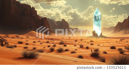 A desert landscape with a large crystal in the middle 133525011