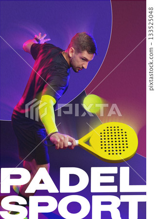 Competitive player enjoys intense padel sport match in vibrant indoor setting Competitive player enjoys intense padel sport match in vibrant indoor setting 133525048