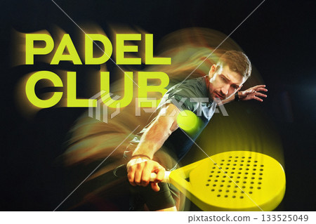 Dynamic padel player in action at a vibrant padel club during evening competition Dynamic padel player in action at a vibrant padel club during evening competition 133525049
