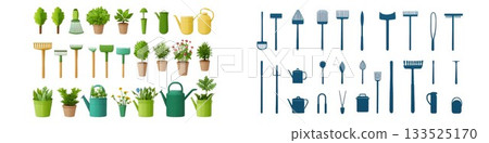 A collection of gardening tools and plants in various pots for indoor and outdoor use isolated on white background 133525170