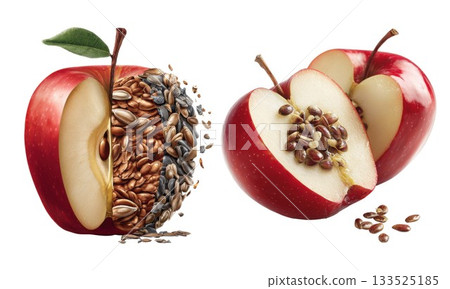 Half an apple revealed showing seeds and other half with slices of apple isolated on white background 133525185