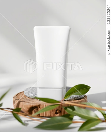 Minimalist skincare product tube mockup on a wooden platform with leaves and natural lighting. 133525264
