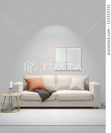 Modern living room interior design with a white sofa, pillows, a table, and a frame. 133525332