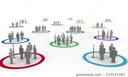 Stylized flat design showing gray silhouettes standing in colored ring clusters on white background 133525361