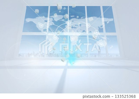 Featuring world map network with nodes and floating cubes over panel display in bright interior 133525368