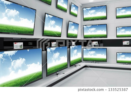 Flat-screen TVs are showing grass and sky wallpaper on shelf with signage in flat design showroom Flat-screen TVs are showing grass and sky wallpaper on shelf with signage in flat design showroom 133525387