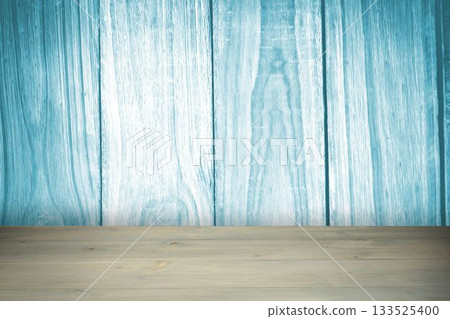 Light wooden tabletop is spanning studio interior, with turquoise wooden plank wall backdrop Light wooden tabletop is spanning studio interior, with turquoise wooden plank wall backdrop 133525400
