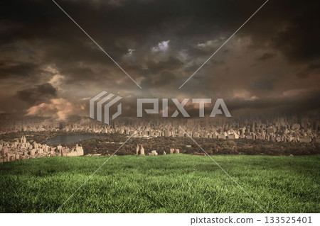 Digital composite of Stormy sky over city Digital composite of Stormy sky over city 133525401