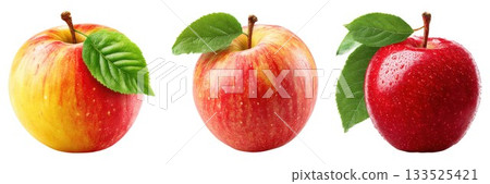 Three fresh apples with leaves healthy fruit still life isolated on isolated on white background 133525421
