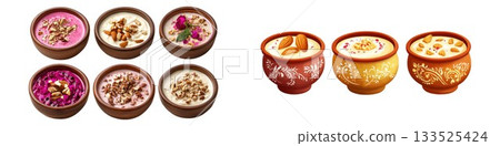 Collection of appetizing bowls filled with diverse ingredients and savory soups isolated on white background 133525424