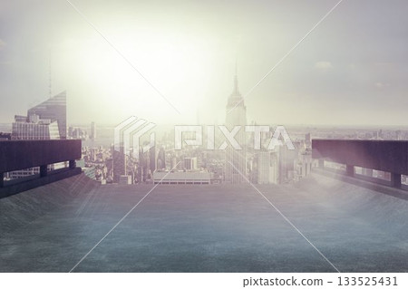 Flat design rooftop terrace is stretching to skyline, with spire-topped skyscraper shining in haze Flat design rooftop terrace is stretching to skyline, with spire-topped skyscraper shining in haze 133525431