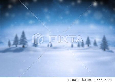 Snowy landscape is unfolding in flat design with snowdrifts, conifer trees and falling snowflakes 133525478